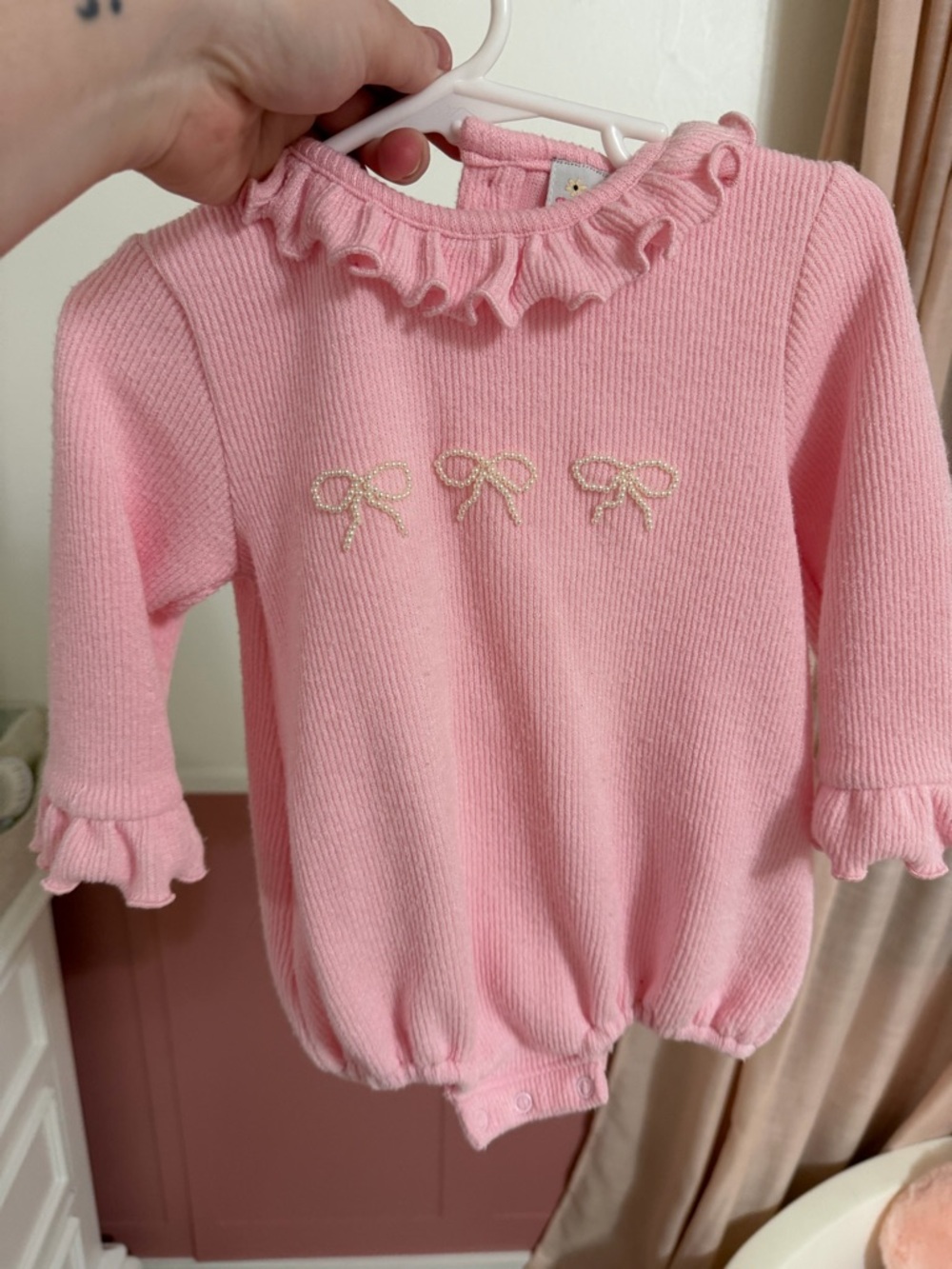 Baby Pink Knit Ruffle Bow One-Piece Bodysuit